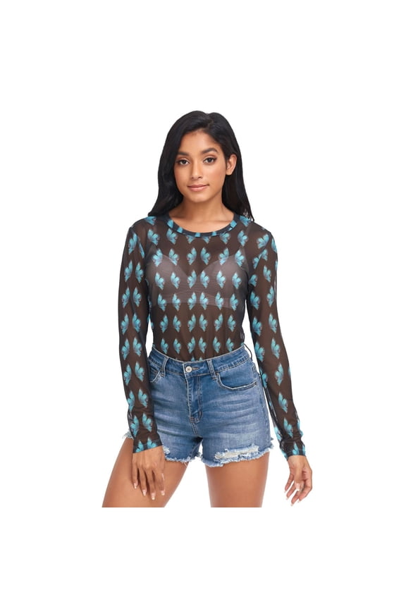 Ice Silk Mesh Long Sleeve Top Cooling Comfort Women's Crewneck Mesh Tops Casual Shirt Turquoise Blue Butterfly Pattern X-Large