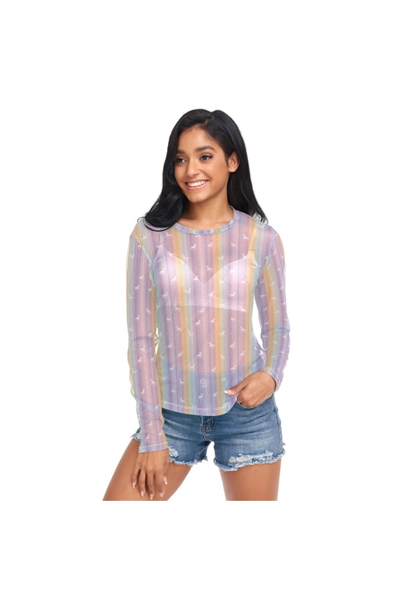 Ice Silk Mesh Long Sleeve Top Cooling Comfort Women's Crewneck Mesh Tops Casual Shirt Unicorns and Rainbow Stripes Large