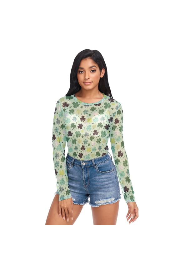 Ice Silk Mesh Long Sleeve Top Cooling Comfort Women's Crewneck Mesh Tops Casual Shirt Various Patterns Shamrocks Medium