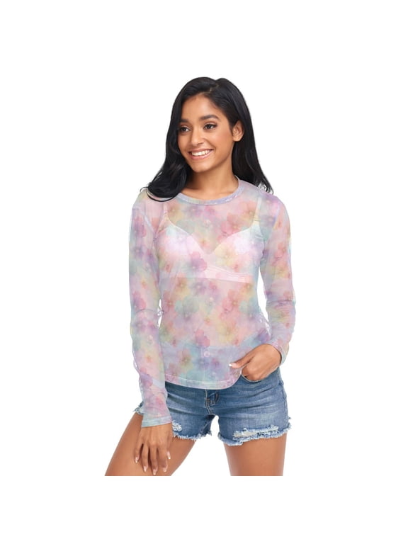Ice Silk Mesh Long Sleeve Top Cooling Comfort Women's Crewneck Mesh Tops Casual Shirt Watercolor Pastel Rainbow Flowers Small