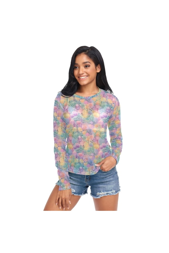 Ice Silk Mesh Long Sleeve Top Cooling Comfort Women's Crewneck Mesh Tops Casual Shirt Watercolor Rainbow Flowers Medium