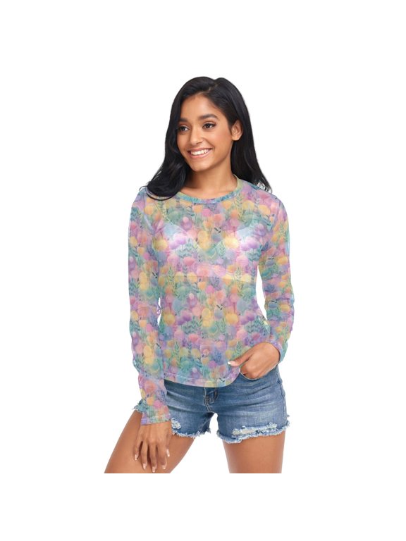 Ice Silk Mesh Long Sleeve Top Cooling Comfort Women's Crewneck Mesh Tops Casual Shirt Watercolor Rainbow Flowers Small