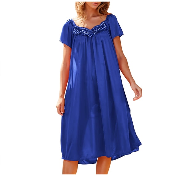 Ice Silk Nightgowns for Women Lace Pleated House Dress Soft Long Nightgown Sleepwear for Ladies