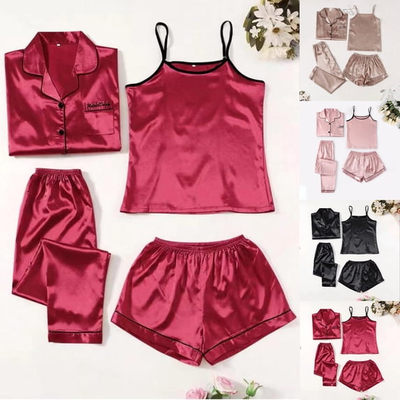 Ice Silk Pajama Set Womens Home Wear Flamingo Print Fashion Fit Four Piece All Season