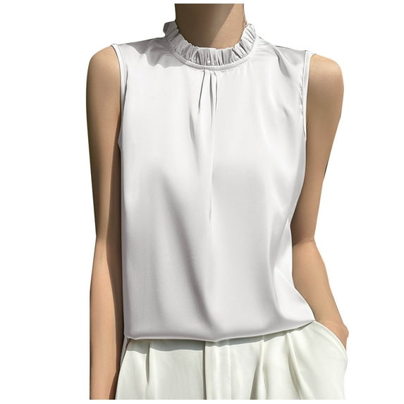 Ice Silk Satin Tank Tops for Women 2025 Fashion Elegant Pleat Mock Neck Sleeveless Blouse Solid Business Work Shirts