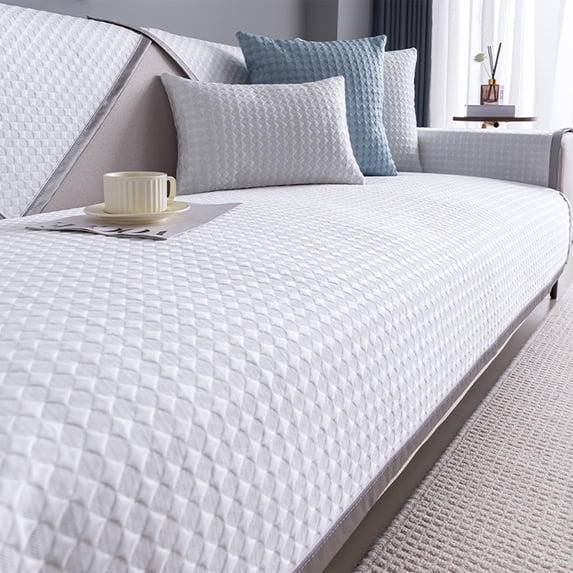 Ice Silk Sofa Cushion, Summer Cooling Mat, Simple Solid Color Non-Slip Washable Pad for Double Sofa, White