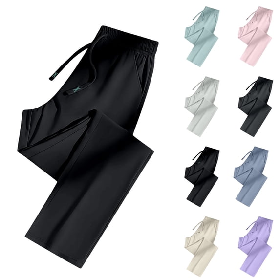 Ice Silk Straight Leg Pants for Women – Quick Dry Breathable Trousers with Pockets & Drawstring Waist, Black M