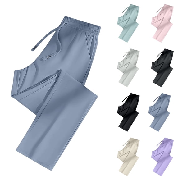Ice Silk Straight Leg Pants for Women – Quick Dry Breathable Trousers with Pockets & Drawstring Waist, Blue XL