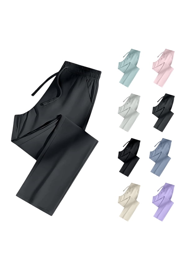 Ice Silk Straight Leg Pants for Women – Quick Dry Breathable Trousers with Pockets & Drawstring Waist, Dark Gray L