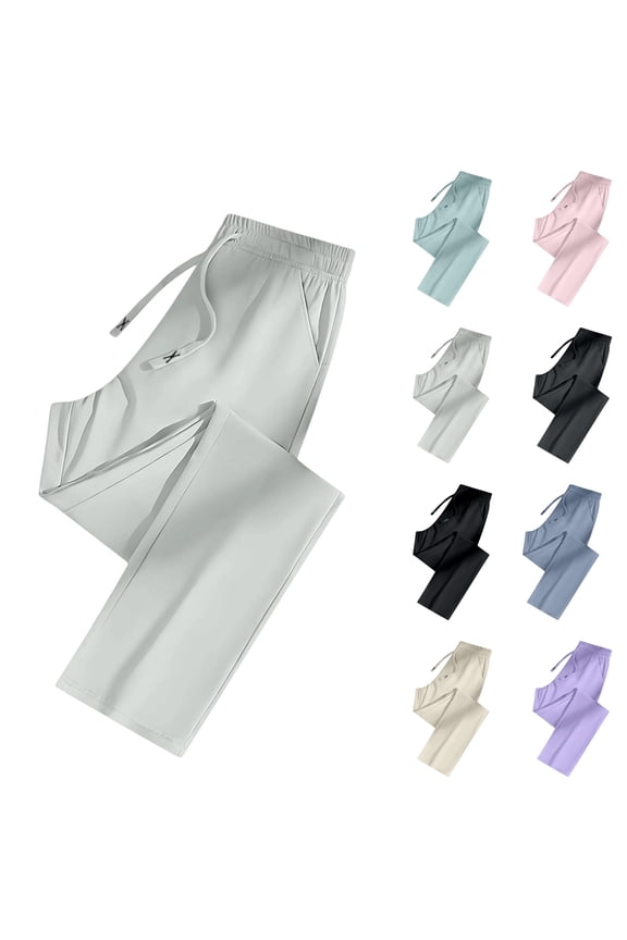 Ice Silk Straight Leg Pants for Women – Quick Dry Breathable Trousers with Pockets & Drawstring Waist, Light Gray S