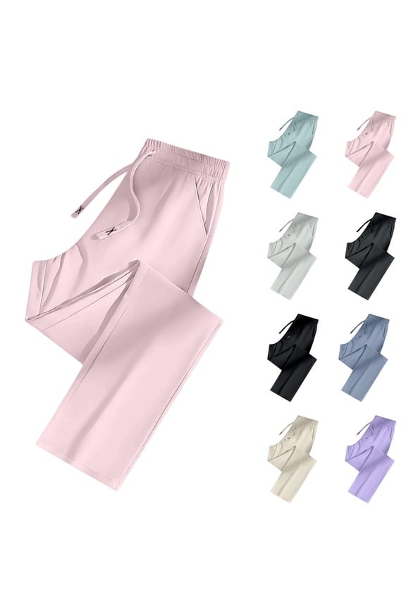 Ice Silk Straight Leg Pants for Women – Quick Dry Breathable Trousers with Pockets & Drawstring Waist, Pink S