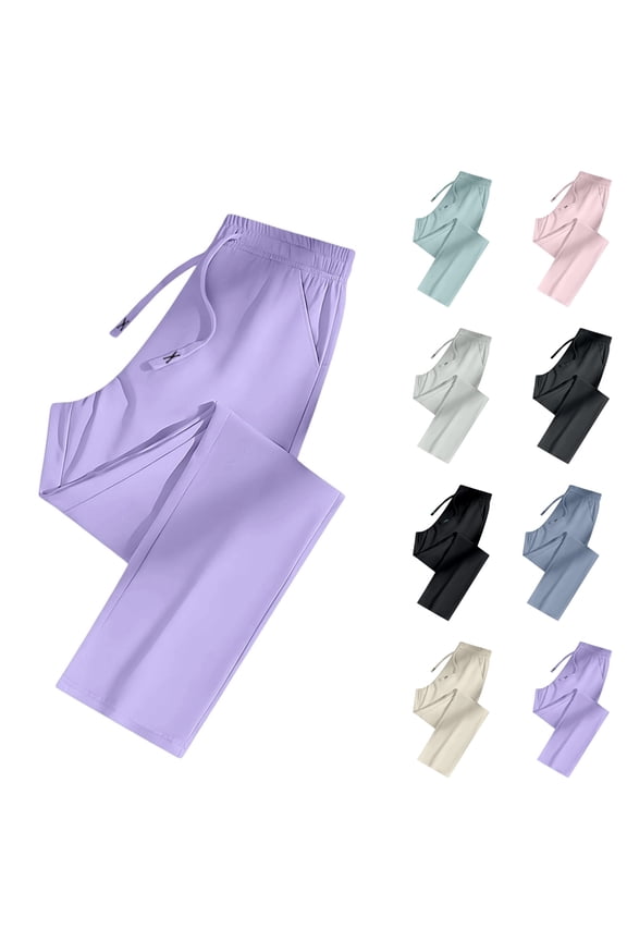 Ice Silk Straight Leg Pants for Women – Quick Dry Breathable Trousers with Pockets & Drawstring Waist, Purple M