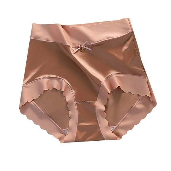 Ice Silk Underwear for Women Mid-To-High-Waisted Briefs Wave Lace Edge Hip-Lifting Belt-Cinching Panties Satin Seamless Breathable Underpant