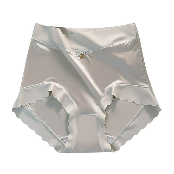 Ice Silk Underwear for Women Mid-To-High-Waisted Briefs Wave Lace Edge Hip-Lifting Belt-Cinching Panties Satin Seamless Breathable Underpant