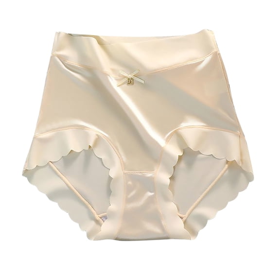 Ice Silk Underwear for Women Mid-To-High-Waisted Briefs Wave Lace Edge Hip-Lifting Belt-Cinching Panties Satin Seamless Breathable Underpant