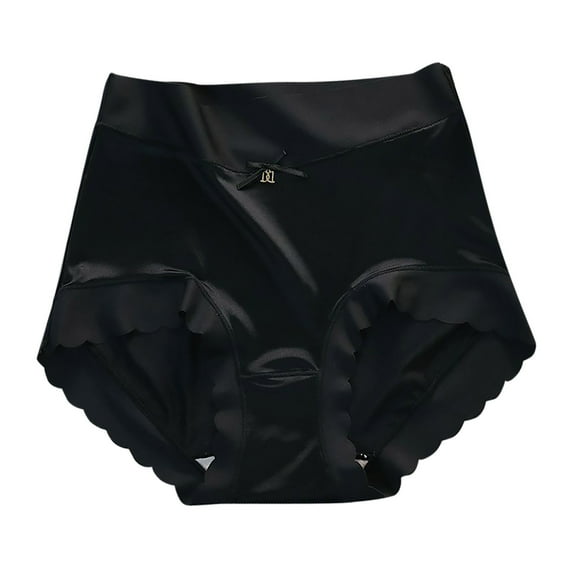 Ice Silk Underwear for Women Mid-To-High-Waisted Briefs Wave Lace Edge Hip-Lifting Belt-Cinching Panties Satin Seamless Breathable Underpant