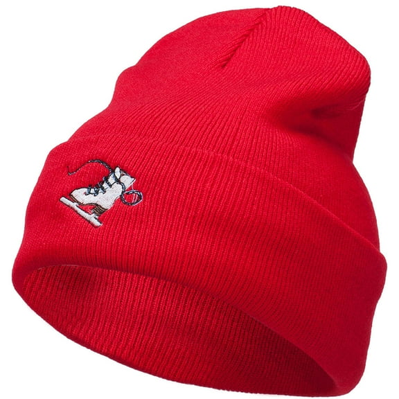 Ice Skate Embroidered 12 Inch Long Beanie - Red OSFM