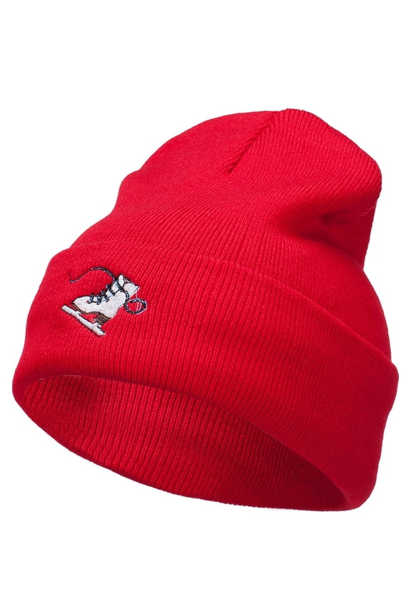 Ice Skate Embroidered 12 Inch Long Beanie - Red OSFM