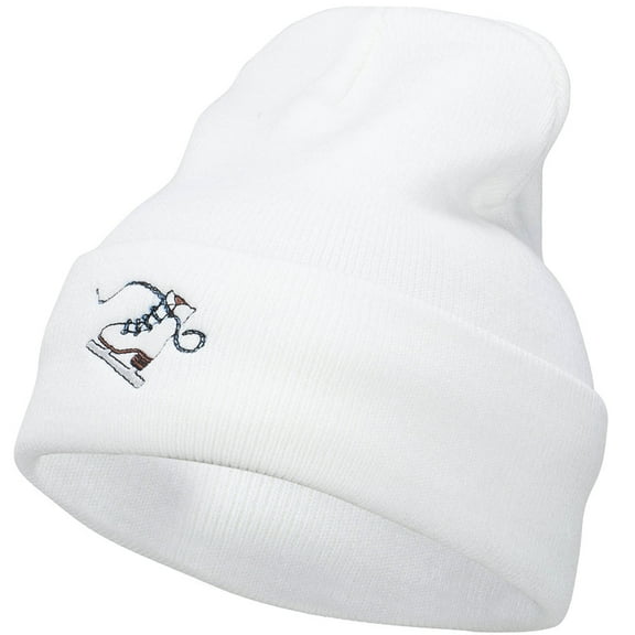 Ice Skate Embroidered 12 Inch Long Beanie - White OSFM