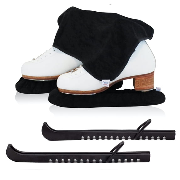 Ice Skate Guards, Soakers & Towel Gift Set -One Piece Guard Set Design with Soft Skate Blade Covers & Towel (Adjustable Pair of Guards-no assembly required) (Biellmann Black, Medium)