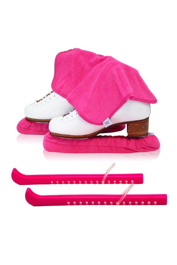 Ice Skate Guards, Soakers & Towel Gift Set -One Piece Guard Set Design with Soft Skate Blade Covers & Towel (Adjustable Pair of Guards-no assembly required) (Power Pink, Large)