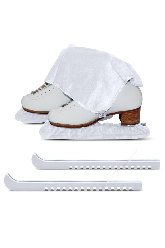 Ice Skate Guards, Soakers & Towel Gift Set -One Piece Guard Set Design with Soft Skate Blade Covers & Towel (Adjustable Pair of Guards-no assembly required) (Waltz White, Small)