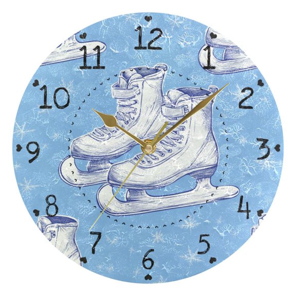 Ice Skate Snowflakes Round Wall Clock Silent Analog Battery Operated Gold Pointer Home Decor 9.84" Diameter