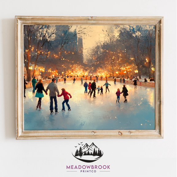 Ice Skaters In A Lit Winter Park, Heartwarming Kristmas Scene, Rustic Wall Art, Festive Cottagecore Winter Warm Present Vintage UNFRAMED Poster Size 16x24