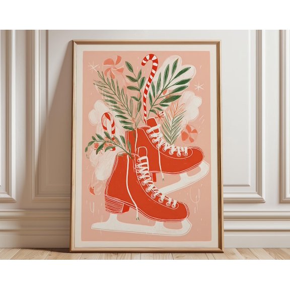 Ice Skates Candy Cane Wall Art Print, Unframed Paper Poster 8x10in
