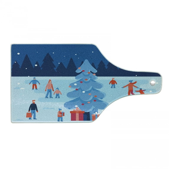 Ice Skates Cutting Board, Winter Christmas Tree Happy People and Snowy Weather Cartoon Scene, Decorative Tempered Glass Cutting and Serving Board, in 3 Sizes, by Ambesonne