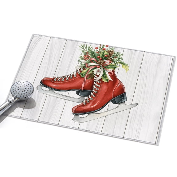 Ice Skates Entryway Rug 2x3ft Washable Non Slip Bathroom Rug Low Pile Indoor Floor Front Door Mat Red Christmas Pine Needles Botanical Wood Rectangle Area Rugs Carpet for Kitchen Office Dining Room