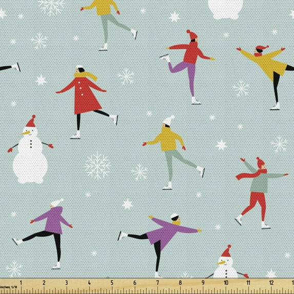 Ambesonne Ice Skates Fabric by the Yard Upholstery, Colorful Human on Ice, 5 Yards, Pale Seafoam Multicolor