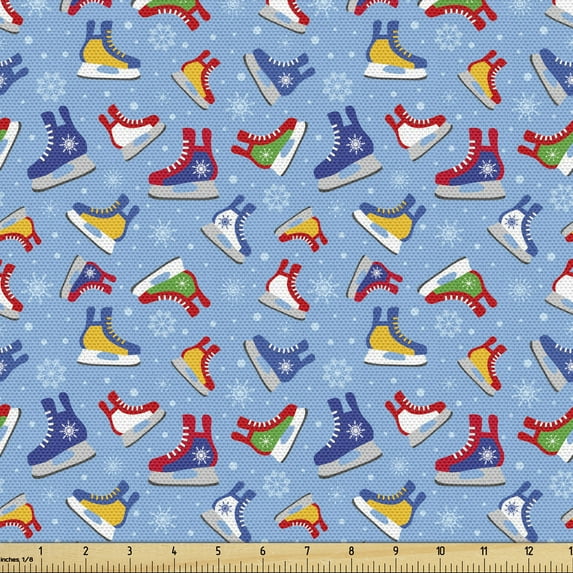Ambesonne Ice Skates Fabric by the Yard Upholstery, Colorful Winter Footwear, 5 Yards, Pale Sky Blue Multicolor