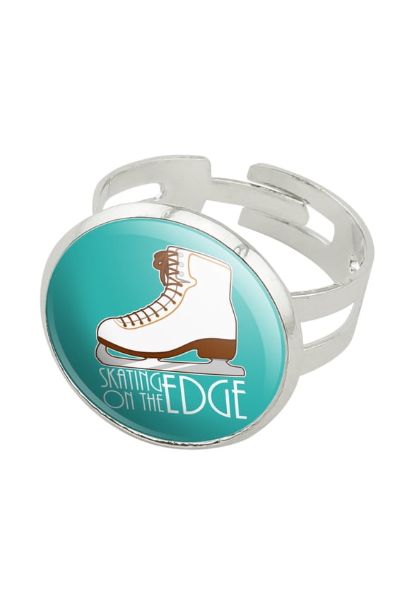Ice Skates Figure Skating Living On The Edge Silver Plated Adjustable Novelty Ring