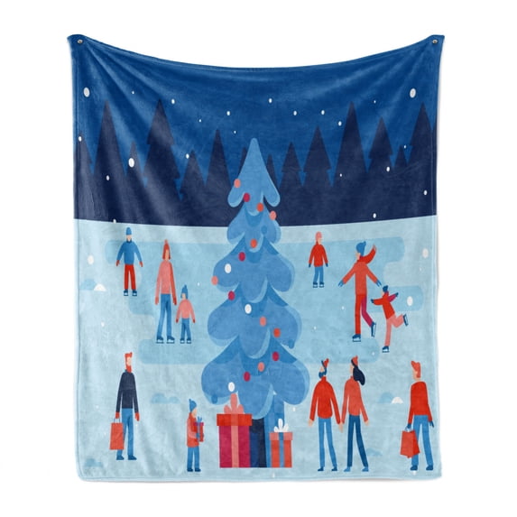 Ice Skates Soft Flannel Fleece Blanket, Winter Christmas Tree Happy People and Snowy Weather Cartoon Scene, Cozy Plush for Indoor and Outdoor Use, 60" x 80", Baby Blue and Multicolor, by Ambesonne