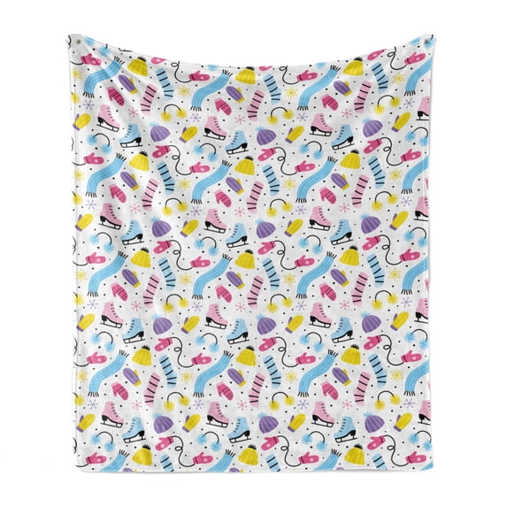 Ice Skates Soft Flannel Fleece Throw Blanket, Colorful Repetitive Pattern of Winter Clothes with Snowflake Motifs, Cozy Plush for Indoor and Outdoor Use, 50" x 60", Multicolor, by Ambesonne