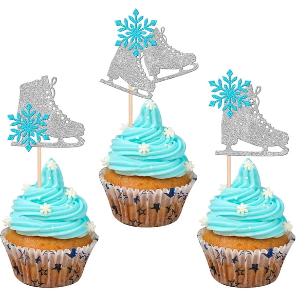 Ice Skating Cupcake Toppers, Glitter Snowflake Picks, Blue and Silver, Winter Theme, 10 Count