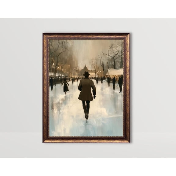 Ice Skating Gentleman, Winter Wall Art, Skating Minister, Vintage Moody Winter Festive Village Print, Snowy Landscape Skating Rink Art Poster, Unframed Poster Size 12x18