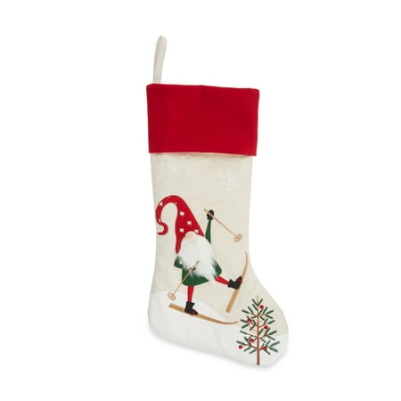 Ice Skating Gnome Linen Christmas Stocking, 20 in, by Holiday Time