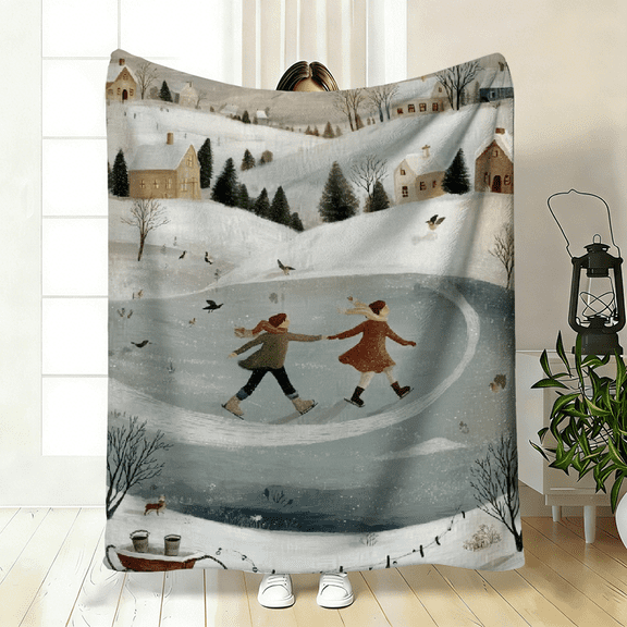 Ice Skating Pattern Throw, Cozy Warm Fleece, Ideal for Home Travel, Bed Sofa Car, Nap Blanket, All Seasons Decor