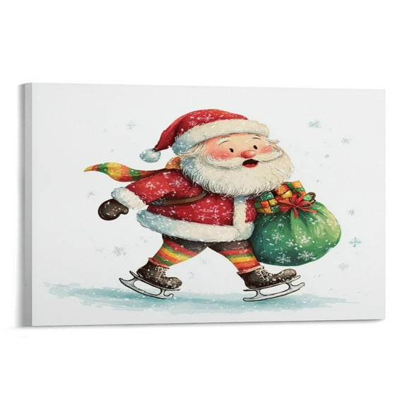 Ice Skating Santa Claus with Gift Bathroom Wall Art Ice Skating Christmas Canvas Wall Art Wall Paintings Poster Prints Pictures Home Decor Canvas Prints 08x12inch Framed Artwork