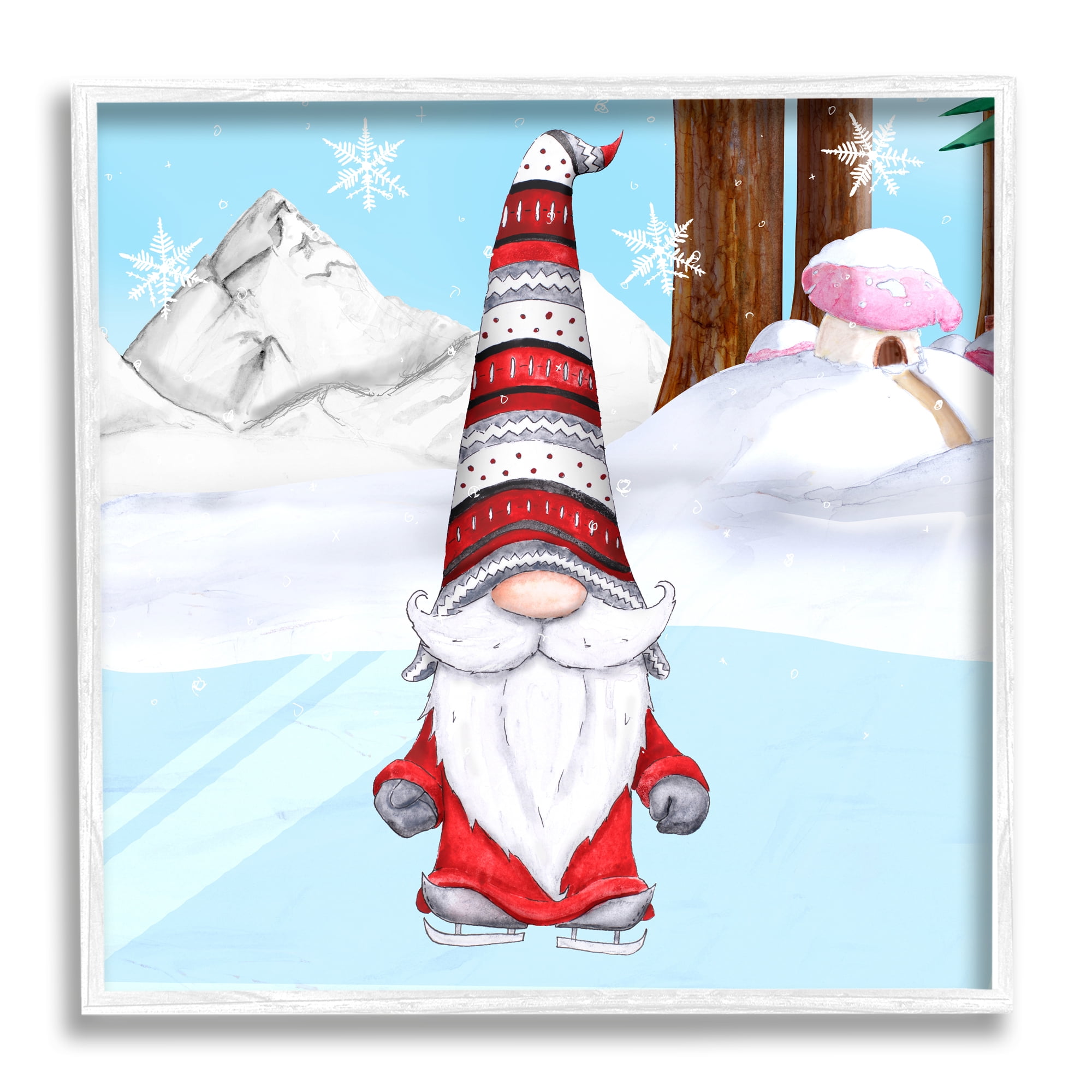 Ice Skating Winter Gnome Red White Garden Elf Holiday Framed Art Print Wall Art, 17x17