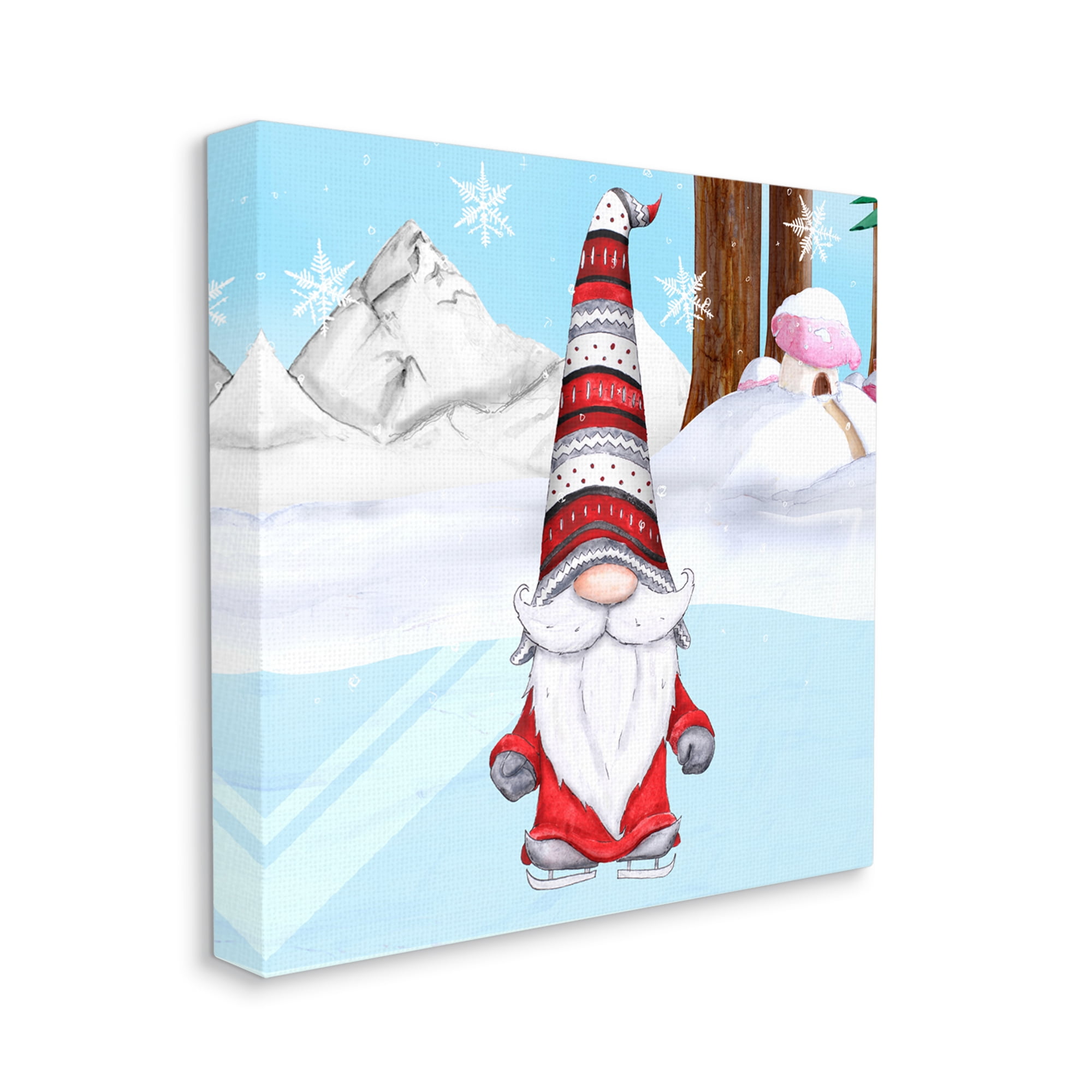 Ice Skating Winter Gnome Red White Garden Elf Holiday Gallery-Wrapped Canvas Print Wall Art, 17x17