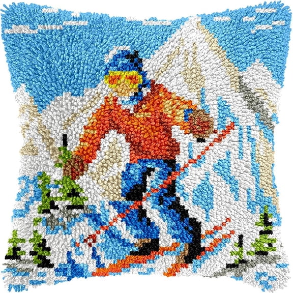 Ice Skiing Latch Hook Pillow Kits DIY Pillowcase Cushtion Cover Crochet Hooking Pillow Making Kits with Color Pattern Canvas Crochet Hooking Kits Pillow 43x43cm(b10)