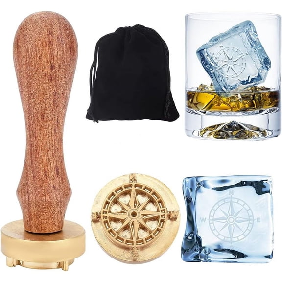 Ice Stamp 1.2 inch Cube Stamp Compass Ice Stamp with Velvet Pouch Cocktail Ice Branding Stamp Ice Block Stamp Cocktail Seal Stamp for Ice Cubes Making DIY Crafting Golden