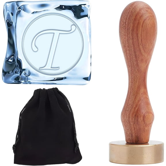 Ice Stamp Letter T Ice Cube Stamps 1.2 Inch Round Personalized Removable Brass Head Wood Handle Vintage Initial Ice Brander Stamp Seal for Cocktail Mojito Wedding Bar Drinks DIY Crafting