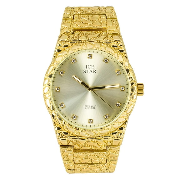 Ice Star Men's Luxury 45mm Nugget Watch with Diamond Accent Dial - Adjustable Band - Quartz Movement - Exquisite 14k Gold Finish
