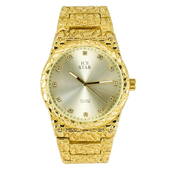 Ice Star Men's Luxury 45mm Nugget Watch with Diamond Accent Dial - Adjustable Band - Quartz Movement - Exquisite 14k Gold Finish
