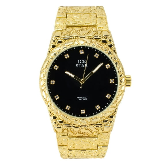 Ice Star Men's Luxury 45mm Nugget Watch with Diamond Accent Dial - Adjustable Band - Quartz Movement - Exquisite 14k Gold Finish