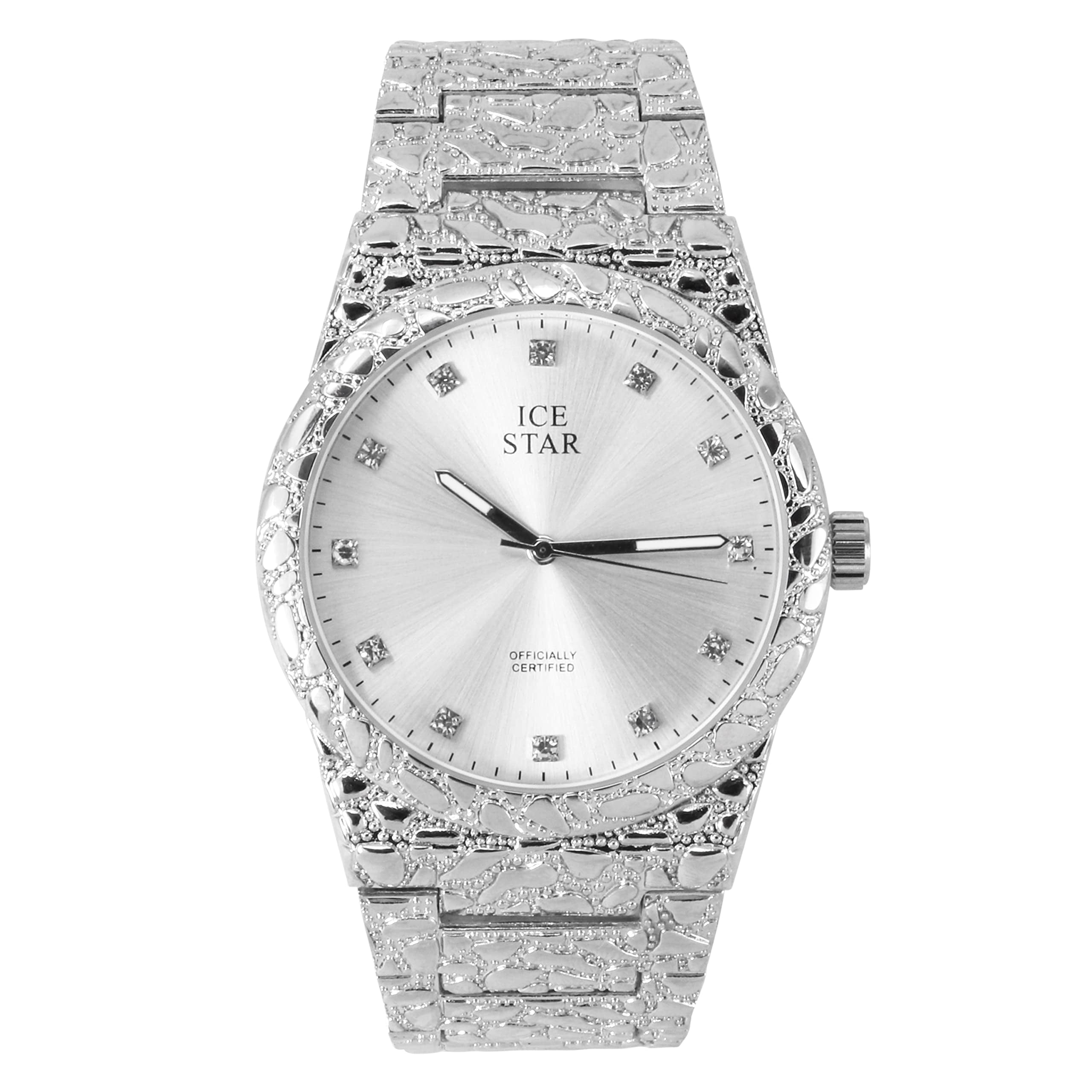 Ice Star Men s Luxury 45mm Nugget Watch with Diamond Accent Dial Adjustable Band Quartz Movement Exquisite Silver Finish